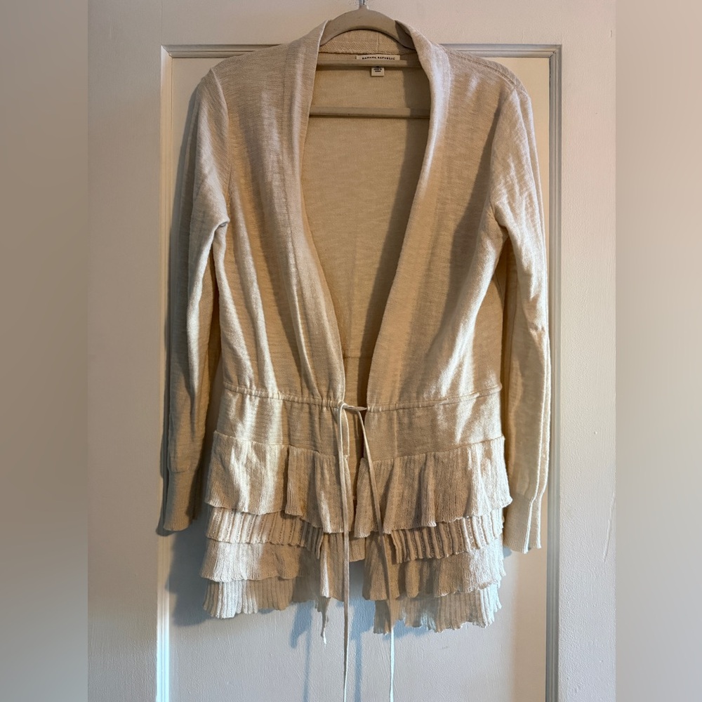 Banana Republic Cotton Linen Ruffle Open Tie Cardigan Cream Medium